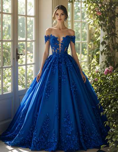 A woman is standing in front of a window wearing a blue ball gown with lace detailing and off-the-shoulder sleeves. The dress has a train that flows behind her as she poses for the photo.
