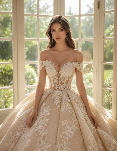 In this captivating photograph, a young woman with fair skin and long, wavy brown hair stands gracefully in front of a large, white-framed window. Her hair cascades down her back, complementing her elegant appearance. She is adorned in a stunning wedding dress that features a delicate light pink hue. The dress is intricately designed with a deep V-neckline that extends down to her waist, adorned with a beautiful floral pattern. The bodice is sleeveless, with straps that elegantly drape over her upper arms. The dress's voluminous skirt flares out dramatically, creating a striking contrast with the window behind her. The window itself is divided into multiple panes by white wooden frames, and through it, one can glimpse a lush, green backyard filled with trees and bushes, adding a serene natural backdrop to the scene.