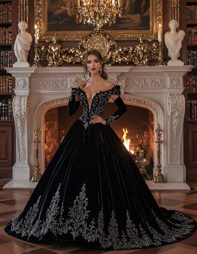 In this captivating photograph, a woman stands gracefully in front of an opulent fireplace, exuding elegance and sophistication. She is adorned in a stunning black dress that features intricate silver floral patterns along the hem, which fans out around her feet. The dress is designed with a deep V-neckline that extends down to her waist, and it has off-the-shoulder sleeves that reach up to her elbows, adding a touch of allure to her ensemble. Her long, dark hair is styled in an elegant updo, complementing her large, dangling earrings that catch the light.

The fireplace behind her is a masterpiece of design, with a white marble base and a matching mantle that is adorned with intricate gold leaf detailing. Flanking the fireplace are two white marble statues, adding a classical touch to the scene. The mantle is further embellished with two tall candlesticks, each holding a white candle, and a collection of gold statues that contribute to the room's luxurious ambiance. Above the fireplace hangs a large, ornate gold-framed painting, though only the bottom portion is visible in the photograph. The room's wooden floor features a striking pattern of alternating dark and light squares, enhancing the overall grandeur of the setting.