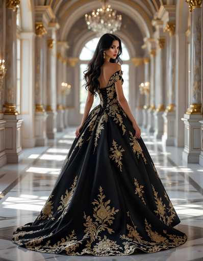 A woman is standing in an opulent room with a high ceiling and large windows that allow natural light to flood the space. She is wearing a long black dress adorned with gold embroidery on the bodice and skirt, which features a train at the bottom. The woman's hair is styled in loose curls, adding to her elegant appearance.