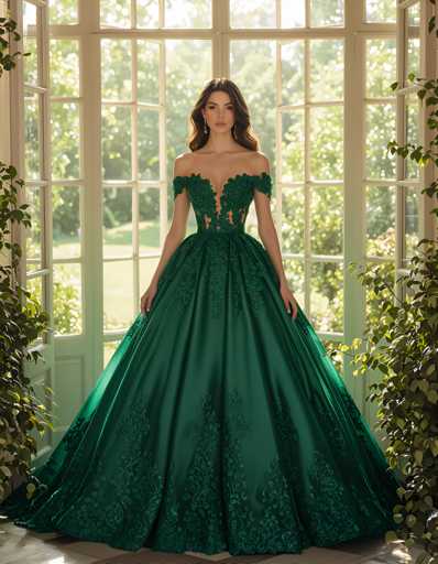 A woman is standing in front of a window with her hands on her hips and looking directly at the camera. She is wearing a long, green dress that has lace detailing and a train trailing behind it. The window behind her is white and framed by green plants.