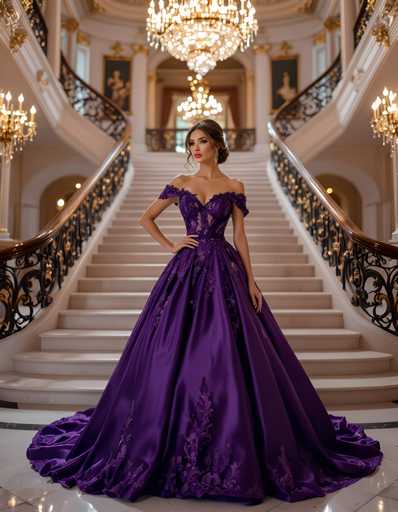 A woman is standing on a staircase with her hands on her hips and looking directly at the camera. She is wearing a long purple dress with lace detailing that falls down to her knees. The staircase has black railings and gold accents, leading up to an ornate chandelier hanging from the ceiling.
