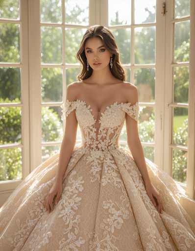 A woman is standing in front of a window wearing a white wedding dress with lace detailing and off-the-shoulder sleeves. The dress has a train that flows down the back and features a floral pattern on the bodice.