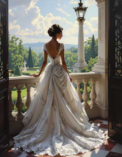 A woman is standing on a balcony with her back to the camera, wearing a white wedding dress with a train and floral pattern. The balcony has a black railing and a window that offers a view of trees in the distance.