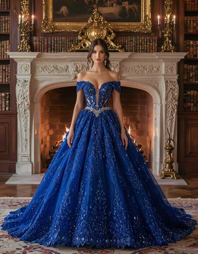 A woman is standing in front of a fireplace with her back facing the camera and wearing a blue ball gown with a train that flows down to her feet. The room has dark wood paneling on the walls and a large bookshelf filled with books behind the woman.