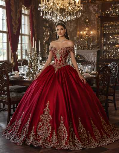 In this photograph, a woman is elegantly seated at a dining table, exuding regal poise. She is adorned in a stunning red dress with intricate gold embroidery along the bottom hem, which fans out around her feet. The dress features a sweetheart neckline and is off-the-shoulder, with a fitted bodice that accentuates her figure. Her long, dark hair is styled in a ponytail, and she wears a tiara that complements her royal appearance. She accessorizes with long, dangling earrings and a thick, jeweled necklace that adds to her majestic look.

The dining table before her is set with an array of silverware, plates, and crystal glasses, all arranged neatly. A grand candelabra stands at the center of the table, adding to the opulent atmosphere. The room itself is richly decorated, with a large chandelier hanging above her, its crystals catching the light. The walls are adorned with tapestries and intricate designs, and tall windows draped with red curtains allow sunlight to filter in. In the background, a fireplace with a gray mantel adds to the room's warmth and grandeur. The overall scene is one of refined elegance and regal beauty.