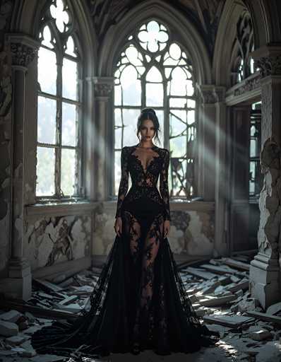 In this hauntingly beautiful image, a woman stands in the middle of a dilapidated, abandoned church. She is adorned in a long, black lace dress that features a deep V-neckline and a high slit on the right side, revealing her leg. The dress cascades to the floor, with a train trailing behind her. Her dark hair is styled in an elegant updo, with loose strands framing her face. The church's interior is in a state of disrepair, with broken windows allowing light to filter through, illuminating the scene. The walls are covered in peeling wallpaper, and debris from the ceiling and floor is scattered around her feet. Despite the surrounding decay, the woman exudes a sense of calm and grace, creating a striking contrast against the crumbling architecture.