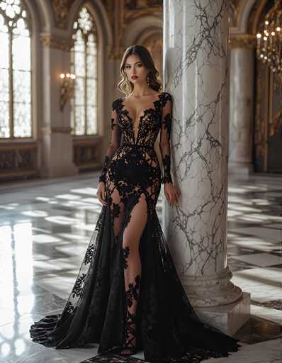 In this captivating photograph, a young woman with long, dark brown hair and striking red lipstick stands gracefully in an opulent, grand hall. She is adorned in a stunning black gown that features intricate lace detailing and a daring deep V-neckline that extends down to her belly button. The dress is form-fitting, accentuating her figure, and includes a dramatic slit that reveals her right leg. Her arms are covered by sheer sleeves that reach up to her elbows, adding an elegant touch to her ensemble. She completes her look with black high-heeled shoes.

The hall itself is a marvel of architecture, with towering marble columns that stretch impressively high, estimated to be around 20 feet tall. The floor is a striking black and white checkerboard pattern, adding to the grandeur of the setting. The walls are adorned with large windows that allow natural light to flood the space, enhancing the luxurious ambiance. In the background, a chandelier hangs from the ceiling, casting a soft glow over the scene. The overall atmosphere is one of elegance and sophistication, perfectly complementing the woman's exquisite attire.
