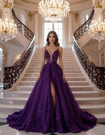In this captivating photograph, a young woman with long, dark brown hair and striking makeup stands gracefully at the bottom of an elegant, grand staircase. She is adorned in a stunning purple gown that features intricate lace detailing and a daring deep V-neckline, which extends into a high slit up the front, revealing her leg. The gown is further embellished with delicate floral patterns and a flowing train that cascades around her feet. Her hands rest gently by her sides, and she gazes directly at the camera with a poised and serene expression.

The staircase itself is a masterpiece of design, with pristine white marble steps and dark brown, ornate railings that spiral upwards on either side. The staircase is framed by white walls, which are punctuated by elegant archways that add to the grandeur of the setting. At the top of the staircase, a large window allows natural light to flood the space, enhancing the luxurious atmosphere. 

Adding to the opulence, three grand chandeliers hang from the ceiling, their crystal droplets catching the light and casting a soft glow throughout the room. The overall scene exudes elegance and sophistication, capturing a moment of timeless beauty.