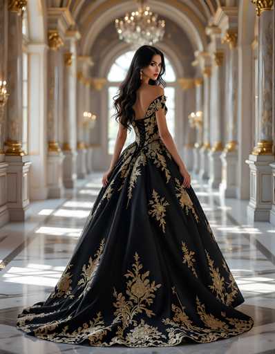 In this captivating photograph, a woman stands gracefully in the center of an opulent hallway, exuding elegance and poise. She is adorned in a stunning black dress embellished with intricate gold floral patterns that cascade down the fabric, adding a touch of regal sophistication. Her long, wavy black hair flows down her back, complementing her striking red lipstick and the delicate gold earrings that catch the light. The dress features a unique design with one strap elegantly draped over her shoulder, leaving the other bare, and a back cutout that adds a touch of allure.

The hallway itself is a marvel of architectural beauty, lined with tall, white pillars that rise majestically to meet the ceiling. Each pillar is adorned with gold accents at the base and top, adding a touch of grandeur to the space. The floor is a pristine white marble, intricately patterned with brown lines that create a subtle yet sophisticated design. In the background, a large window allows natural light to flood the hallway, illuminating the scene and highlighting the exquisite details of both the woman's attire and the surrounding architecture.