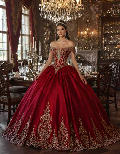 A woman is standing in front of a dining table with chairs and wine glasses on it. She is wearing a long red ball gown with gold embroidery that reaches down to her knees. The room has dark wood paneling and a chandelier hanging from the ceiling.