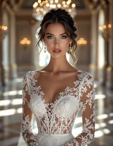 A woman is standing in front of a large window with white curtains and gold accents, wearing a long white dress with lace sleeves and a high neckline. She has her hair styled in an elegant updo and is looking directly at the camera.