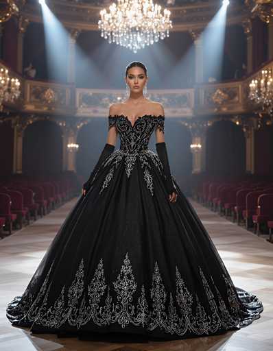 The image shows a woman standing on a stage wearing a long black and white ball gown with a high neckline and train. The dress has a deep V-neckline and is adorned with intricate beading and lace detailing. She is positioned in front of a grand chandelier, which casts a warm glow over the scene.