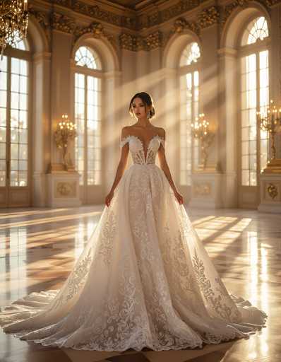 A stunning photograph captures a bride in an exquisite white wedding gown, standing gracefully in the center of an opulent ballroom. The gown features a deep V-neckline that plunges down to her waist, adorned with intricate lace detailing. The dress is sleeveless, with delicate straps that rest on her shoulders. The voluminous skirt flares out elegantly, showcasing a beautiful floral pattern in white and gray hues. The ballroom itself exudes grandeur, with its pristine white walls and floor. Sunlight streams through the tall, arched windows, casting a warm glow on the scene. The room is further embellished with gold statues and candelabras, adding to the luxurious ambiance. The bride, a young woman with dark hair styled in an updo, gazes thoughtfully to her right, her expression serene and contemplative.