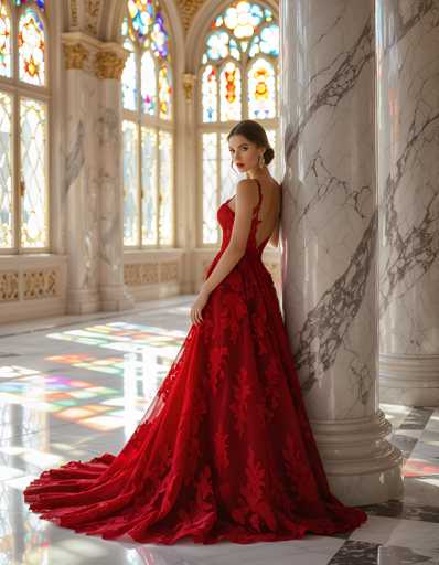 A woman is standing in front of a marble column with stained glass windows and wearing a long red dress with intricate lace detailing on the bodice and skirt.