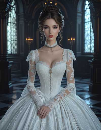The image depicts a highly realistic, computer-generated rendering of a young woman standing in an opulent, medieval-style castle hall. She is adorned in a stunning white wedding dress with intricate lace detailing on the sleeves, shoulders, and chest. The dress features a corset-like bodice with a zipper running down the front, and a voluminous skirt that flares out dramatically. Her dark brown hair is elegantly styled in an updo with loose curls framing her face, and she wears a delicate silver tiara. Her makeup is meticulously applied, with bold red lipstick and smoky eye makeup, complemented by long, dangling earrings. A choker necklace with a central pendant adorns her neck. The hall itself is grand, with large arched windows allowing light to filter in, and the floor is covered in a striking black and white checkered pattern. Candelabras with three lit candles each are positioned on either side of her, adding to the medieval ambiance. The woman stands with her hands clasped in front of her, exuding a serene and poised demeanor.