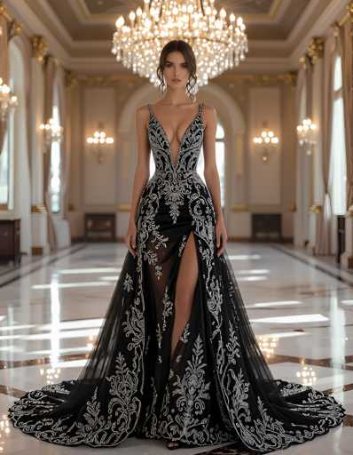 In this captivating photograph, a woman stands gracefully in the center of an opulent hallway, exuding elegance and poise. She is adorned in a stunning black dress that features intricate white floral patterns, with a daringly low-cut neckline that plunges down to her belly button. The dress is form-fitting, accentuating her figure, and includes a high slit on the right side that reveals her leg. The fabric flows elegantly around her feet, creating a dramatic train that fans out behind her.

Her dark brown hair is styled with loose strands framing her face, while the rest is neatly pulled back, adding to her sophisticated appearance. She gazes directly at the camera with a composed expression, her arms resting naturally at her sides.

The hallway itself is a marvel of architectural beauty. The floor is made of pristine white marble, interspersed with gold lines that add a touch of grandeur. The walls are painted a soft beige, adorned with gold accents that shimmer under the light. Large windows line the sides of the hallway, each framed by luxurious gold curtains. Above, a magnificent chandelier hangs from the ceiling, casting a warm glow over the scene. The overall ambiance is one of refined elegance, perfectly complementing the woman's exquisite attire.