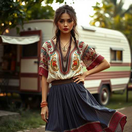 A young woman with long, dark brown hair styled in two braids stands confidently in front of a vintage travel trailer. She wears a white, short-sleeved shirt adorned with intricate red and green floral patterns, featuring a V-neck that reveals a hint of cleavage. Around her neck, she has multiple necklaces, adding a touch of bohemian flair to her outfit. Her lower half is clad in a long, flowing blue skirt that reaches her ankles, with a red and blue patterned hem that adds a pop of color. On her right wrist, she sports a bracelet, and her left hand rests on her hip, exuding a relaxed yet poised demeanor. The travel trailer behind her, with its white and red stripes and visible window, provides a nostalgic backdrop to this charming scene.