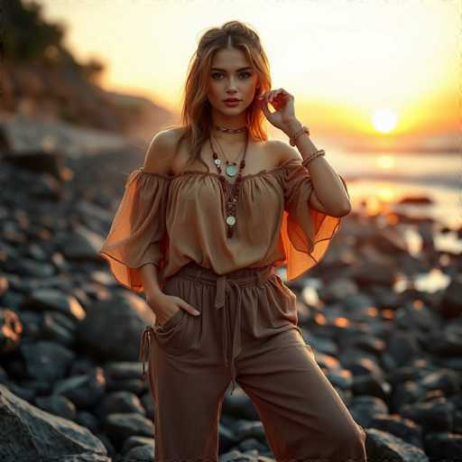 A young woman stands on a rocky beach at sunset, her figure sharply in focus against a blurred background. She has long, light brown hair cascading over her shoulders and wears a flowing, sheer brown blouse that drapes off her right shoulder. Her pants are a matching brown, and she accessorizes with a choker necklace adorned with a large circular pendant, a longer necklace featuring a similar pendant, and bracelets on both wrists. Her left hand is raised to her face, while her right hand rests in her pocket. The sun, a bright yellow orb, is setting on the right side of the image, casting a warm glow over the scene. The beach is dotted with large, dark gray rocks, and a hill is visible in the top left corner. The sky is a blend of yellow and white hues, enhancing the serene atmosphere of the moment.