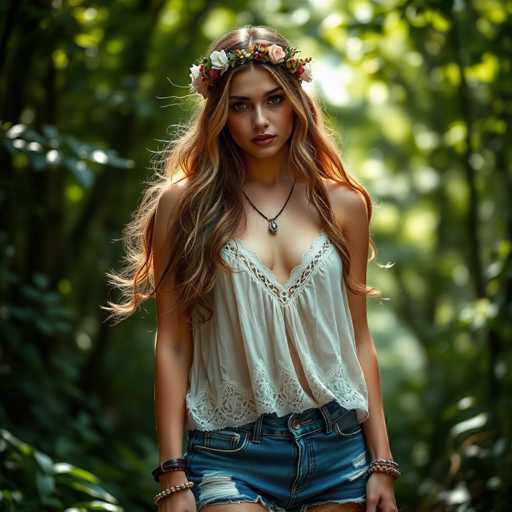 A captivating photograph features a young woman standing in a lush, sunlit forest. She has long, wavy brown hair adorned with a delicate floral crown. Her attire includes a white, lacy top that reveals a hint of cleavage, paired with short blue denim shorts. The woman's arms are adorned with multiple bracelets, and she wears a necklace with a small pendant. Her expression is serene, with her gaze directed slightly off to the side, as if she is lost in thought. The background is a blur of vibrant green foliage, with sunlight filtering through the leaves, creating a warm and ethereal atmosphere. The overall composition exudes a sense of tranquility and natural beauty.