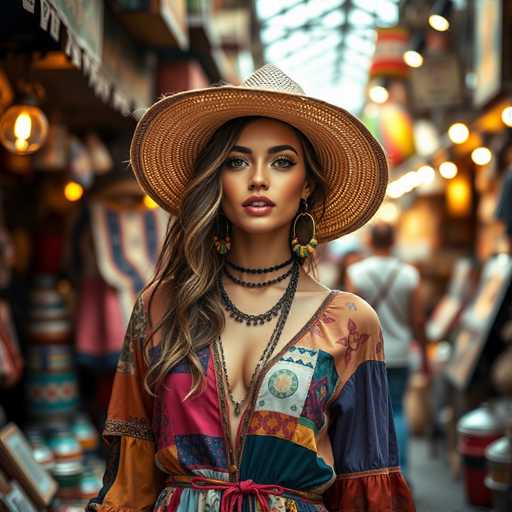 A vibrant photograph captures a young woman standing in the bustling atmosphere of a market. She is adorned in a colorful, patchwork dress reminiscent of a quilt, featuring an array of hues including orange, blue, white, and red. The dress is cinched at the waist with a red tie, accentuating her figure. Her long, wavy brown hair cascades over her right shoulder, and she wears a wide-brimmed straw hat that shades her face. Her makeup is meticulously applied, with bold red lipstick and defined eyebrows, and she sports large hoop earrings. Around her neck, she wears multiple necklaces, adding to her bohemian charm. The background is a blur of activity, with indistinct figures and lights, suggesting the lively ambiance of a market. The woman gazes directly at the camera, exuding confidence and warmth.