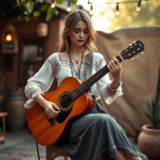 In this captivating image, a young woman is seen playing a guitar, exuding a serene and focused demeanor. She is seated on a wooden stool, her left leg elegantly crossed over her right. Her right hand is positioned on the guitar's neck, while her left hand strums the strings. She is adorned in a long, flowing blue skirt that complements her white blouse, which features delicate lace details at the sleeves. The blouse is further embellished with intricate red lace accents around the collar, adding a touch of vibrant contrast. 

Her long, wavy blonde hair cascades down her back, framing her face, which is gently turned towards the guitar. Her eyes are closed, and her head is slightly tilted, giving the impression of deep concentration or perhaps a moment of quiet reflection. She wears a delicate necklace with a small pendant, adding a subtle touch of elegance to her outfit. 

The background is softly blurred, drawing attention to her as the central focus of the image. Behind her, a brown wall adorned with a few shelves can be seen, along with a large potted plant that adds a touch of natural beauty to the scene. The overall composition creates a warm and intimate atmosphere, highlighting the young woman's connection with her music.