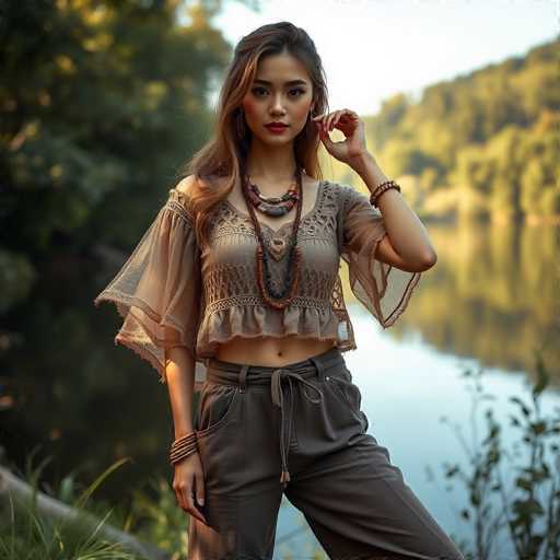 A captivating photograph features a young Asian woman standing in a serene, natural setting. She has long, dark hair with subtle highlights, and her expressive eyes are accentuated by her red lipstick. She is dressed in a light brown, short-sleeved blouse with a frilly, lacy texture, and a matching brown skirt that is tied at the waist. Her outfit is complemented by a large, colorful necklace with hues of blue, orange, and brown, and she wears bracelets on both wrists. The woman stands with her left hand raised to her face, while her right arm rests by her side. The background is a blurred mix of green trees and a body of water, possibly a lake or river, with a hint of blue sky. The overall scene is bathed in soft, natural light, creating a peaceful and tranquil atmosphere.