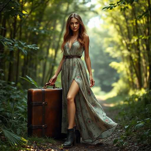 A woman is standing on a dirt path surrounded by trees and greenery. She is wearing a long dress with floral patterns and high heels. The woman has her hair styled in loose waves and she is holding a brown suitcase.