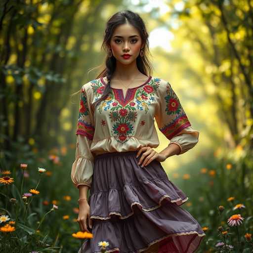 A young woman stands gracefully in a lush, sunlit field, surrounded by tall trees that frame the scene with their verdant branches. The sunlight filters through the foliage, casting a warm glow on the landscape. She is dressed in a flowing purple skirt that complements her cream-colored shirt adorned with intricate floral embroidery. The embroidery features vibrant red flowers with yellow centers, blue leaves, and delicate pink accents. Her sleeves are puffy and decorated with a red band near the elbows, embellished with blue and green floral patterns. The neckline of her shirt mirrors the floral design, adding a cohesive touch to her outfit. Her long, dark hair cascades over her right shoulder, and she wears a subtle necklace that adds a touch of elegance. Her makeup is meticulously applied, with a hint of blush on her cheeks and bold red lipstick that highlights her features. She stands confidently, with her left hand resting on her hip, embodying a serene and poised presence in this picturesque setting.