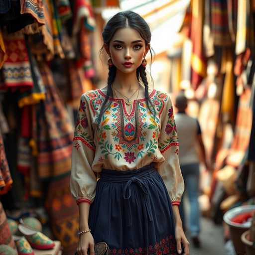 A young woman stands in a bustling marketplace, surrounded by an array of vibrant fabrics and shoes. She is dressed in a striking, ornate top that features intricate embroidery in shades of red, blue, green, and yellow. The top has a V-neck adorned with a central design, and its sleeves are puffy, ending just above her wrists. She wears a navy blue skirt that is cinched at the waist with a matching navy blue bow. Her long black hair is styled in two braids that drape over her shoulders, and she accessorizes with a gold necklace and dangling red earrings. Her makeup is meticulously applied, highlighting her features. In the background, a man with his back turned to the camera is visible, along with other indistinct figures and colorful fabrics, adding to the lively atmosphere of the market.
