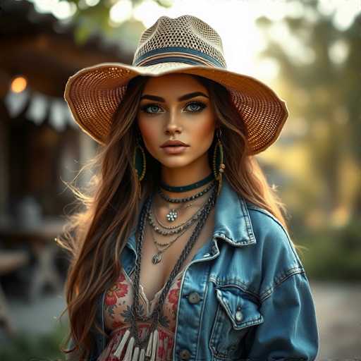 A woman with long brown hair is wearing a straw hat and a blue denim jacket over a floral dress. She has her hair styled in loose waves and is looking directly at the camera. The background features trees and a building, suggesting an outdoor setting.