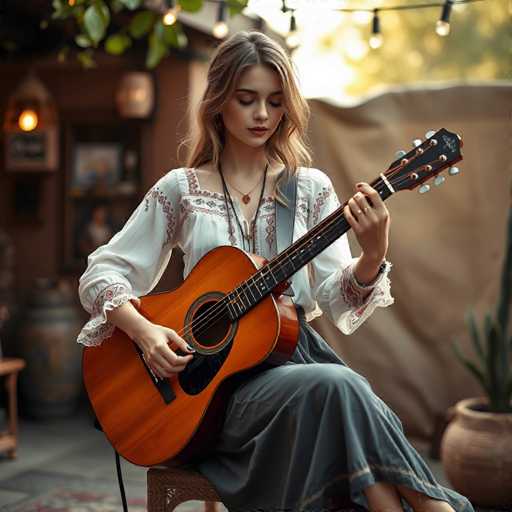 A young woman is seated on a bench outside, playing an orange guitar with her right hand while wearing a white blouse and a gray skirt. The setting appears to be outdoors, possibly in front of a building or near some trees.