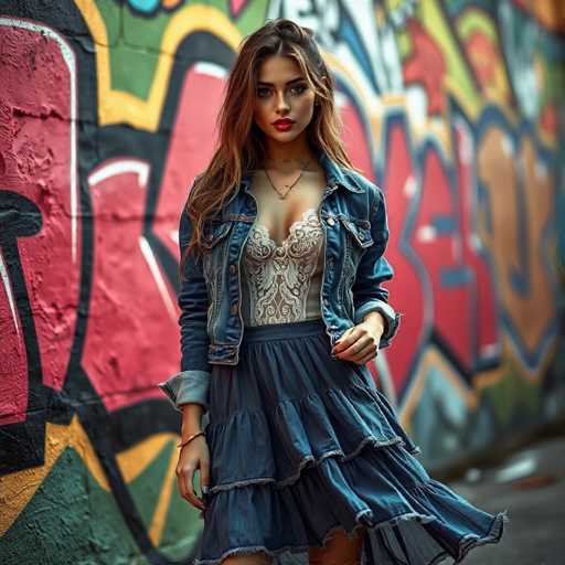A young woman stands confidently in front of a vibrant graffiti-covered wall, her presence commanding attention. She has long, wavy brown hair cascading over her shoulders, framing her face. Her attire is a stylish combination of a denim jacket and a denim skirt, with a white lacy top peeking out from underneath. A delicate necklace adorns her neck, adding a touch of elegance to her ensemble. Her makeup is striking, with bold red lipstick that contrasts beautifully against her fair skin. She gazes directly at the camera, exuding a sense of self-assurance and poise.