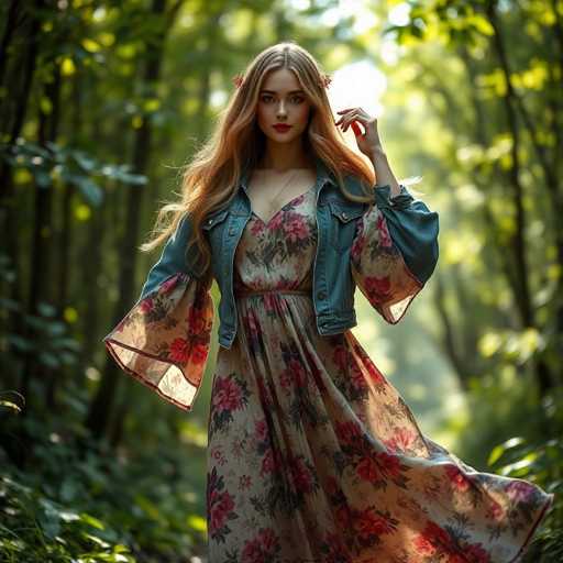 A young woman stands gracefully in a sunlit forest, her long, wavy hair cascading down to her waist. She wears a floral dress adorned with pink and red flowers, complemented by a denim jacket that features a unique design element: the bottom of the sleeves matches the floral pattern of her dress. Her right hand is raised to her face, with her fingers slightly curled, while her left arm hangs naturally by her side. The sunlight filters through the trees, casting a warm glow on her face and illuminating the lush greenery around her. The scene captures a serene moment, with the woman's elegant attire and the natural beauty of the forest harmoniously blending together.