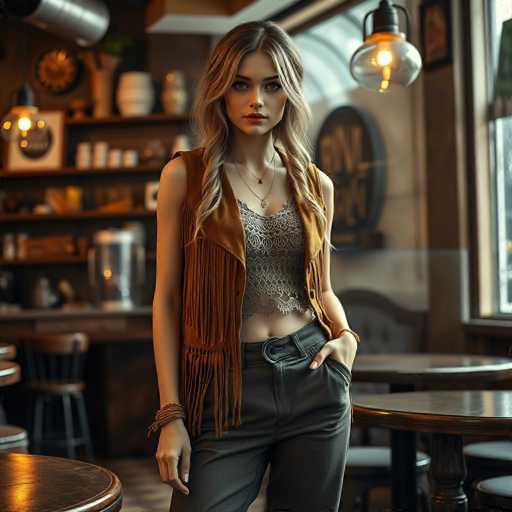 In this AI-generated image, a young woman stands confidently in the center of a cozy restaurant setting. She has long, dirty blonde hair that cascades down to her chest, framing her face. Her attire consists of a brown leather vest adorned with long fringes, which drapes over a gray lacy top. She pairs this ensemble with dark gray pants, completing her stylish look. Her right hand rests casually in her pocket, while her left arm hangs by her side. She accessorizes with a brown leather bracelet on her right wrist and a brown leather watch on her left wrist. 

The background reveals a warm, inviting restaurant with round wooden tables and matching stools. A bar area is visible, featuring a large silver container and a shelf lined with various items. The walls are decorated with a mix of brown and white hues, and a window on the right side allows natural light to filter in. A black circular sign with gold lettering adds a touch of elegance to the scene. The overall ambiance is enhanced by the presence of a hanging light bulb, casting a soft glow over the setting.