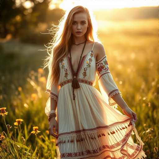 A young woman with long blonde hair is standing in a field filled with yellow flowers and tall grass. She is wearing a white dress adorned with red and green floral patterns on the bodice and skirt, and a necklace made of beads around her neck. The setting sun casts a warm glow over the scene, highlighting the vibrant colors of the flowers and creating long shadows that add depth to the image.