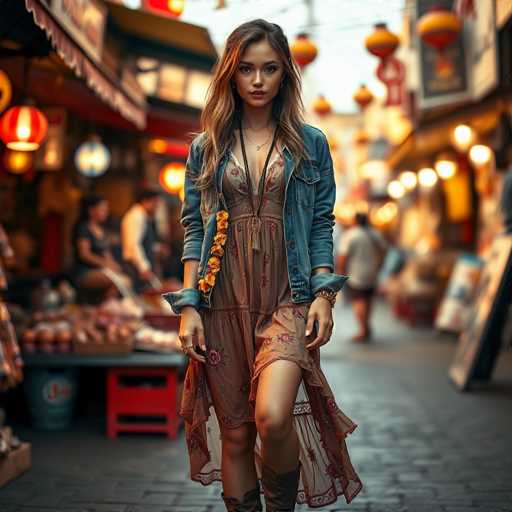 A woman is walking down a street at night with her hair styled in loose waves and wearing a denim jacket over a floral dress. She has a yellow flower necklace around her neck and is carrying a brown purse. The background features colorful lanterns hanging from the buildings, creating a warm and inviting atmosphere.