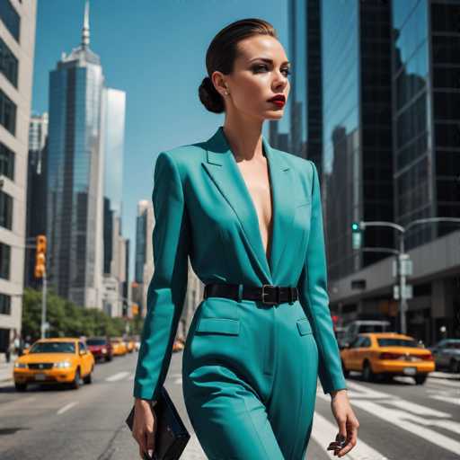 A woman dressed in a blue suit and red lipstick is walking down the street with her handbag over her shoulder. The cityscape behind her features tall buildings of various sizes, including one that appears to be a skyscraper.