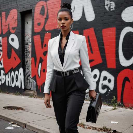 A striking photograph captures a young African-American woman confidently striding down a city sidewalk. She is dressed in a stylish ensemble featuring a black button-up shirt with the top two buttons undone, paired with a crisp white blazer. Her outfit is completed with black pants and a black belt adorned with a silver buckle. She accessorizes with hoop earrings and carries a sleek black leather handbag in her left hand. Her hair is neatly styled in a bun, and she wears bold red lipstick, adding a pop of color to her look. The backdrop is a black brick wall adorned with vibrant graffiti in red and white, adding an urban artistic flair to the scene. The sidewalk beneath her feet is gray, and a manhole cover is visible on the left side of the image. The woman's serious expression and purposeful stride suggest she is focused on her destination, making for a compelling and dynamic portrait.