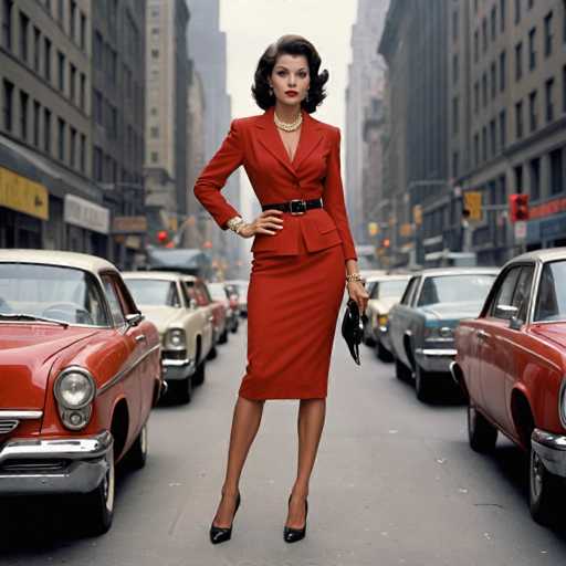 A woman dressed in a red dress and heels stands on a city street with two cars parked behind her - one red and the other silver.