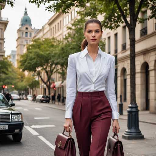 A striking photograph captures a woman confidently striding down a bustling city street. She is dressed in a crisp white button-up shirt paired with a maroon skirt, and she carries two maroon leather purses, one in each hand. Her hair is neatly pulled back into a ponytail, and she wears a serious expression as she gazes directly at the camera. The background reveals a lively urban scene with cars and pedestrians, flanked by tall buildings and trees lining the street. The image is a vibrant color photograph, showcasing the woman in sharp focus while the cityscape behind her remains slightly blurred, emphasizing her presence in the foreground.