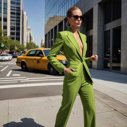 A woman is walking down a city street wearing a bright green suit and sunglasses. She has her hands in her pockets and appears to be in motion. The background includes tall buildings and cars on the road.