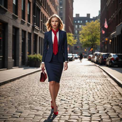 A woman is walking down a cobblestone street wearing a navy blue suit and red heels. She carries a red purse over her shoulder as she strides confidently towards the camera. The backdrop features brick buildings lining both sides of the street, with trees visible in the distance.