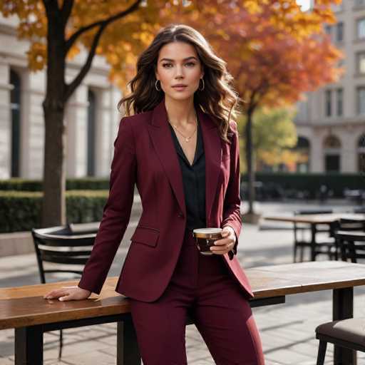 In this vibrant autumn scene, a woman stands confidently in the center of a bustling city park. She is leaning against a wooden bench with her right arm, her left hand holding a cup of coffee. Her attire is striking: a maroon blazer and matching pants paired with a black V-neck shirt. Her long, wavy brown hair cascades down, and she accessorizes with gold hoop earrings and a gold necklace. The background is a picturesque display of fall foliage, with trees adorned in shades of yellow, orange, and red. Surrounding her are various seating arrangements, including tables and chairs, all set against a backdrop of tall, white buildings with numerous windows. The scene is bathed in the warm, golden light of the setting sun, enhancing the rich colors of the leaves and the overall ambiance of the park.