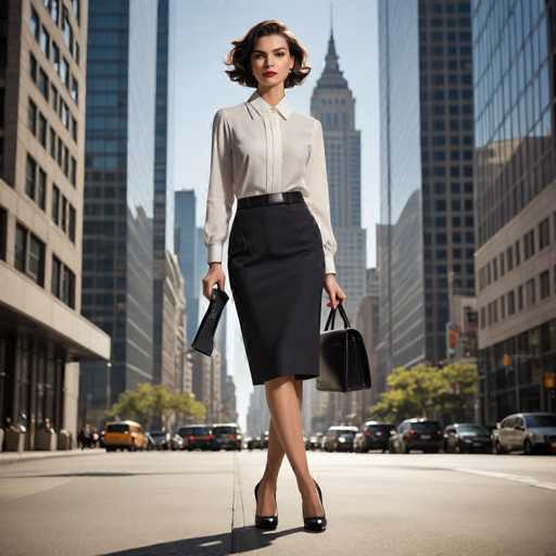 A woman stands confidently in the middle of a bustling city street, surrounded by towering skyscrapers. She is dressed in a crisp white button-up shirt, tucked into a sleek black pencil skirt that falls just above her knees. Her ensemble is completed with a black belt featuring a silver buckle and shiny black high heels. She holds a black purse in her left hand and a black cell phone in her right hand. Her short brown hair is styled with a slight curl at the ends, framing her face, and she wears striking red lipstick. The background reveals a cityscape filled with tall buildings, including a prominent skyscraper with a pointed top. The street is lined with parked cars, including a yellow taxi and several black vehicles, while a few trees add a touch of greenery to the urban setting. The scene is bathed in daylight, with a clear blue sky overhead, casting a shadow of the woman on the ground.