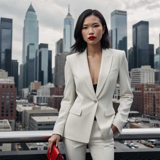 A striking photograph captures a young Asian woman standing confidently on a balcony overlooking a bustling cityscape. She is dressed in a stylish white pantsuit, with a low-cut top that reveals a hint of her cleavage. Her shoulder-length black hair frames her face, and she wears bold red lipstick that accentuates her features. In her right hand, she holds a red clutch purse, while her left hand is casually tucked into her pants pocket. The balcony railing is visible in the foreground, and the city below is a mix of towering skyscrapers and shorter buildings, with cars and roads visible in the distance. The sky above is a blend of blue and white, adding a serene backdrop to the urban scene. The woman gazes directly at the camera, exuding a sense of poise and self-assurance.