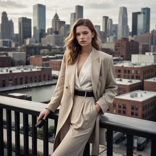 A woman is standing on a balcony overlooking a cityscape with tall buildings and a river below. She is dressed in a beige coat and pants, holding a black purse in her left hand.