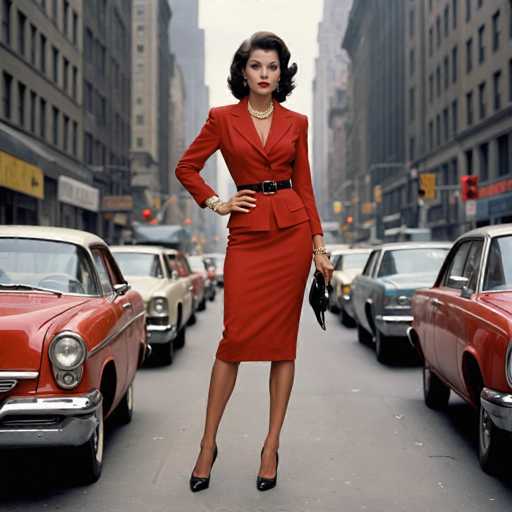 A woman stands confidently in the middle of a bustling city street, surrounded by vintage cars from the 1950s and 1960s. She is dressed in a striking red suit paired with a matching red skirt, accessorized with a black belt and black high heels. Her outfit is complemented by a gold necklace and bracelets on both wrists. She holds a black purse in her left hand, while her right hand rests on her hip. Her dark brown hair is styled in a 1950s fashion, and she wears red lipstick that matches her attire. The background features tall buildings on either side of the street, with a traffic light visible in the distance. The scene is set during the daytime, with a clear sky overhead.