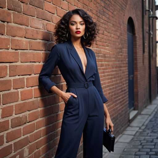 A striking photograph captures a woman standing confidently against a red brick wall, exuding a blend of elegance and strength. She is dressed in a tailored blue jumpsuit, featuring a deep V-neckline that plunges down to her belly button, accentuating her poised demeanor. The jumpsuit is cinched at the waist with a matching blue belt, adorned with a prominent black buckle. Her right hand rests casually in her pocket, while her left hand holds a sleek black clutch purse. The woman's dark, curly hair cascades around her shoulders, complementing her bold red lipstick and large gold hoop earrings. Her dark eyes gaze directly into the camera, creating a powerful connection with the viewer. The scene is set on a cobblestone street, with a sidewalk running parallel to the brick wall, adding a touch of rustic charm to the urban backdrop.