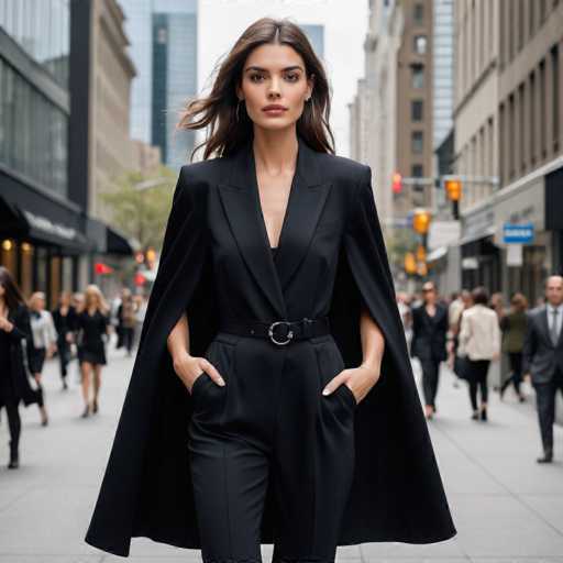 The image shows a woman walking down a city street wearing a black cape-like jacket and pants with her hands in her pockets. She is facing the camera directly, giving a clear view of her attire and expression. The background includes buildings and other people going about their day on the sidewalk.